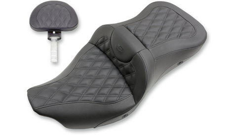 Saddlemen Roadsofa Extended Reach Heated 2-Up Seat with Driver Backrest for 2008-22 Harley FL Touring models - Black/Lattice Stitched - 808-07B-184BRHC